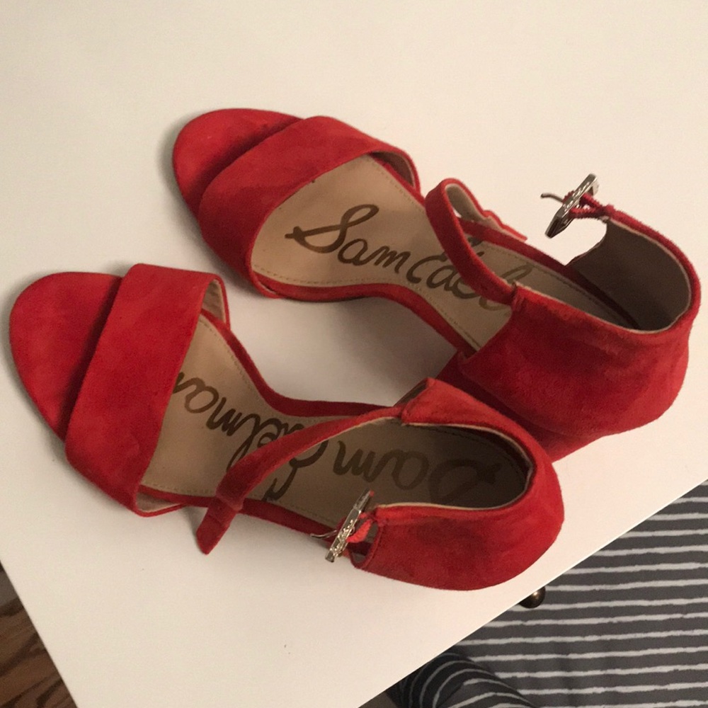 Red block heel ankle strap heel sandals